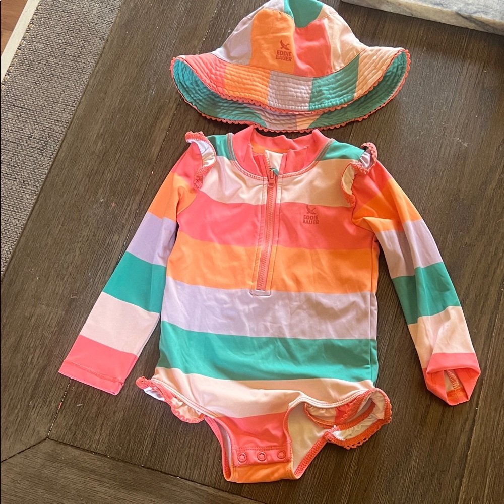 Eddie Bauer  Multicolor Striped Baby Swimsuit with Hat